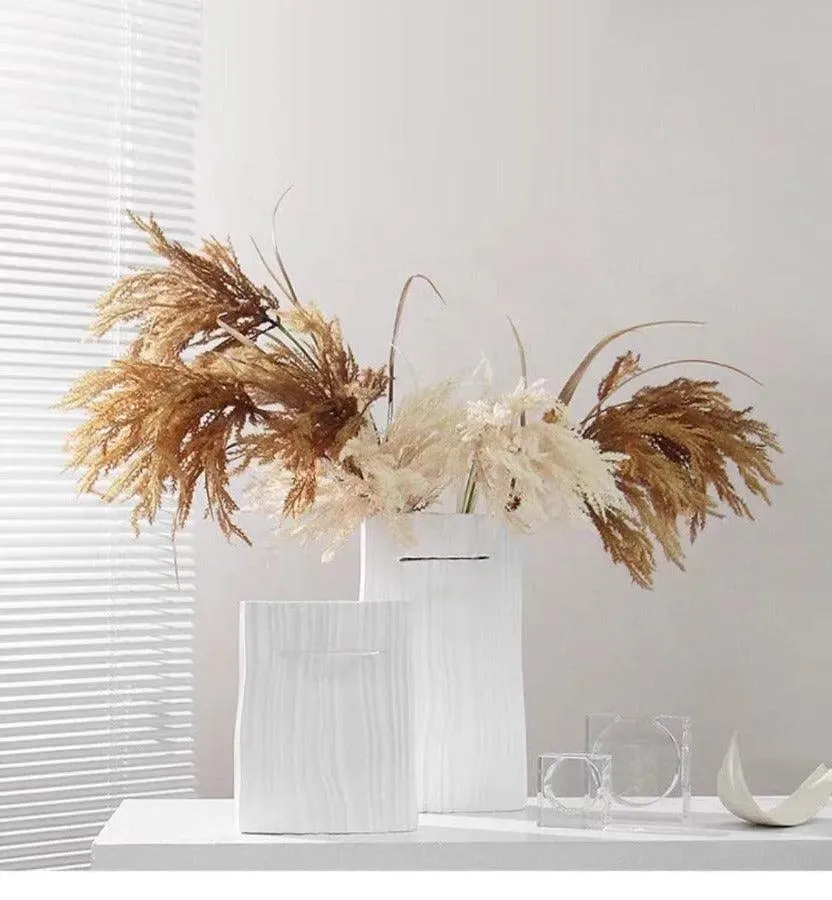 Wooden Twist Modern Home Decor White Ceramic Origami Shape Decorative Vase for Flowers Set of 2