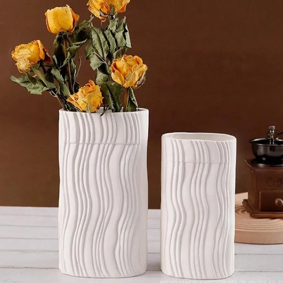 Wooden Twist Modern Home Decor White Ceramic Origami Shape Decorative Vase for Flowers Set of 2