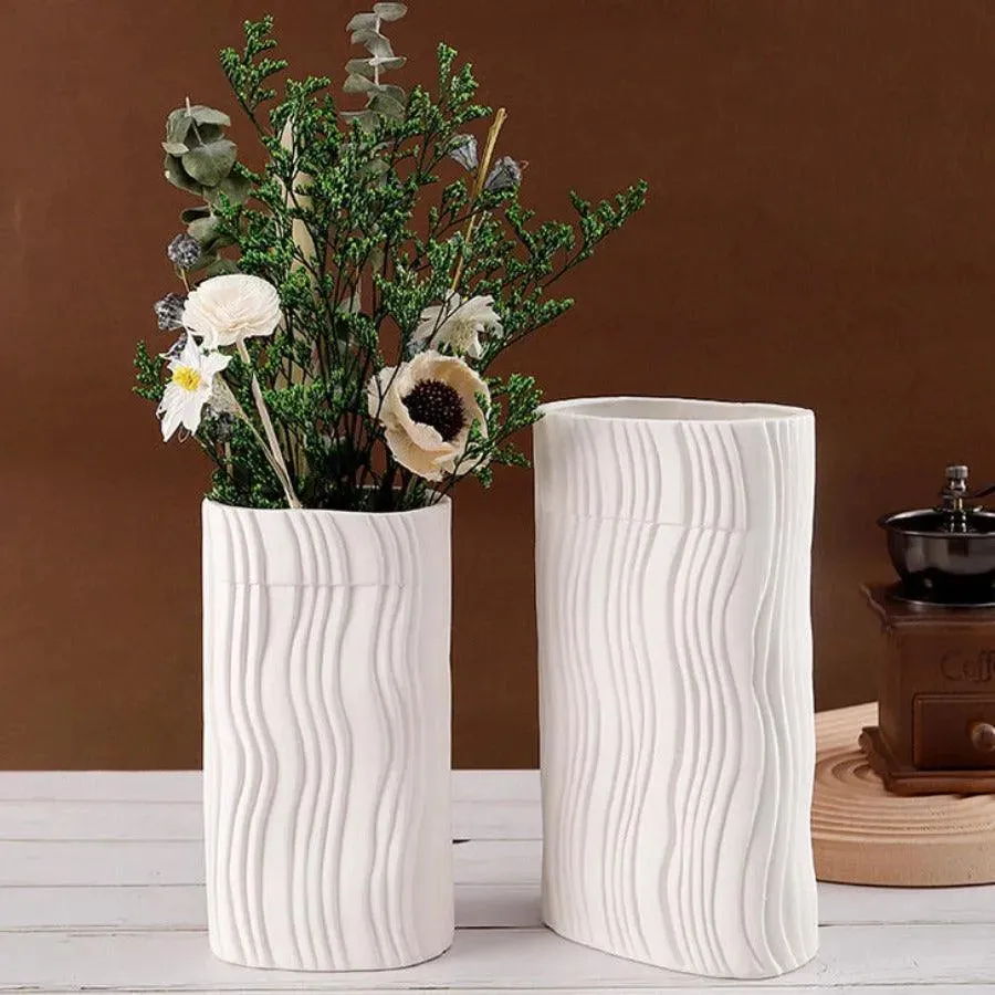 Wooden Twist Modern Home Decor White Ceramic Origami Shape Decorative Vase for Flowers Set of 2