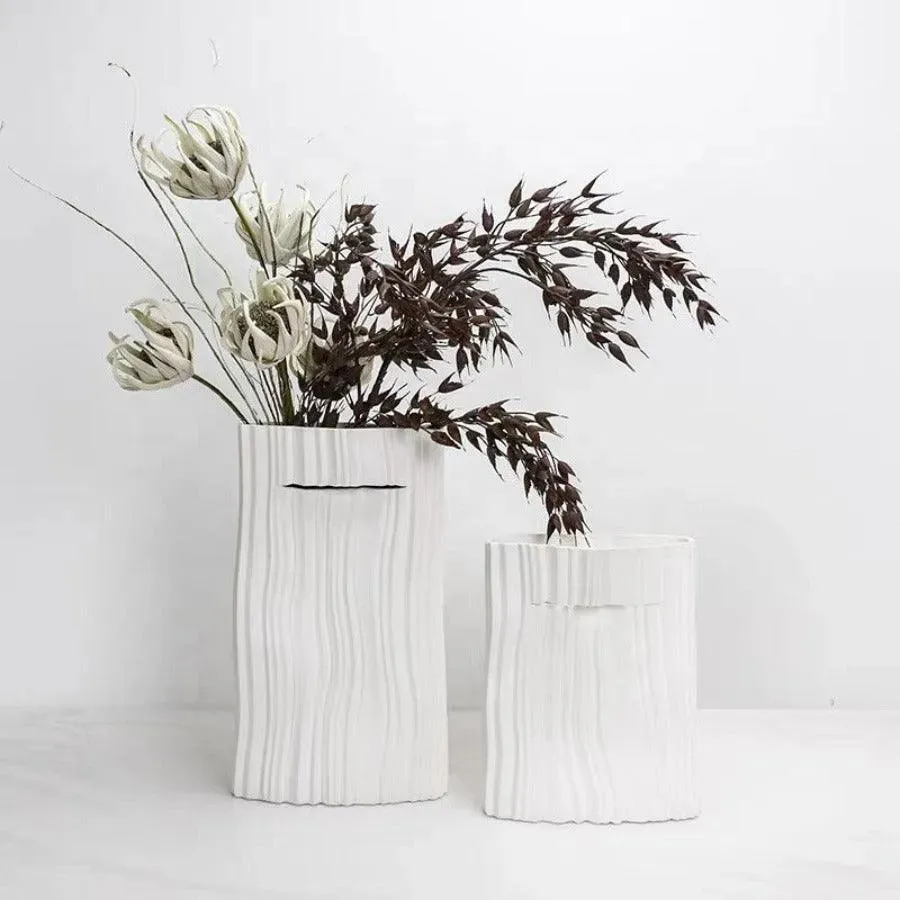 Wooden Twist Modern Home Decor White Ceramic Origami Shape Decorative Vase for Flowers Set of 2